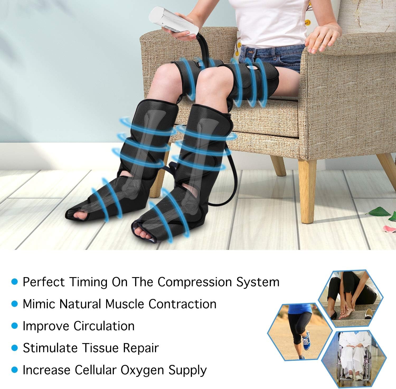 Leg Massager for Circulation and Pain Relief, Air Compression Foot to Thigh Massage, 3 Modes 3 Intensities, Fits up to 28.5 Inch Calves