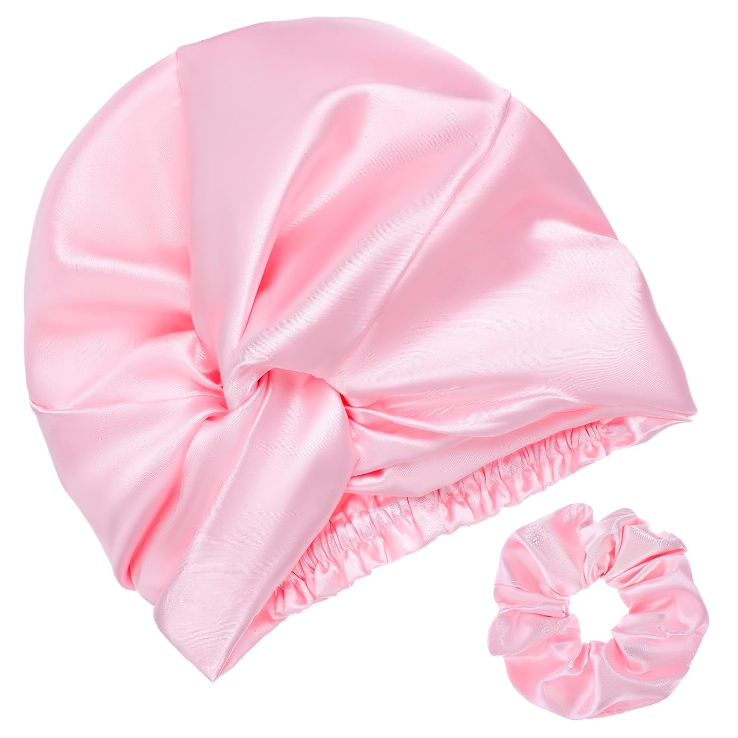 2 Pcs Satin Bonnet for Sleeping Adjustable Silk Hair Bonnet for Sleeping Silk Head Scarf Hair Wrap Turbans for Women Double Layer Soft Sleep Cap with Silk Scrunchies for Braid Curly Straight (Pink)