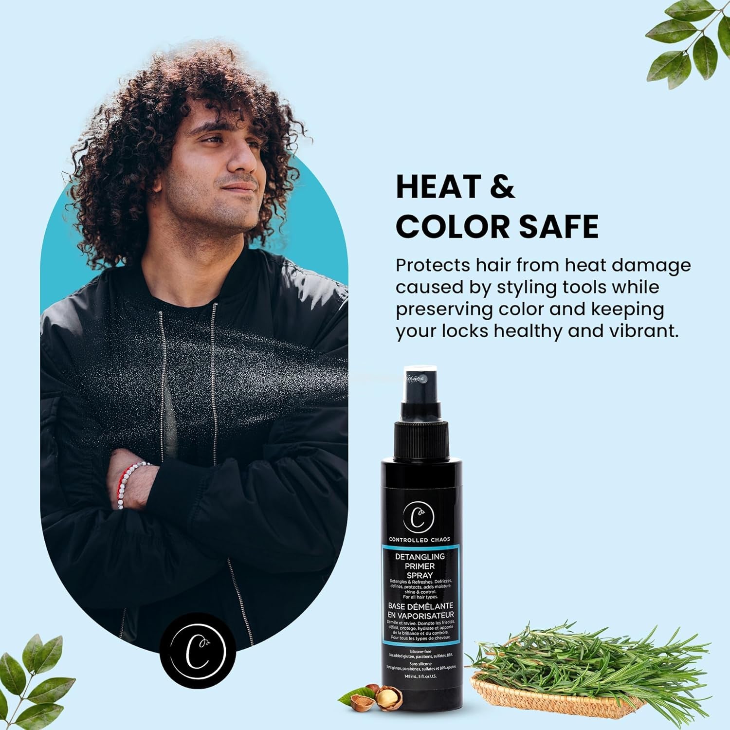 Hair Detangler Spray - Heat Protectant Spray for Hair with Rosemary Leaf Extracts, Jojoba Oil, & Olive Oil-Adds Moisture, Shine & Control (5Oz)