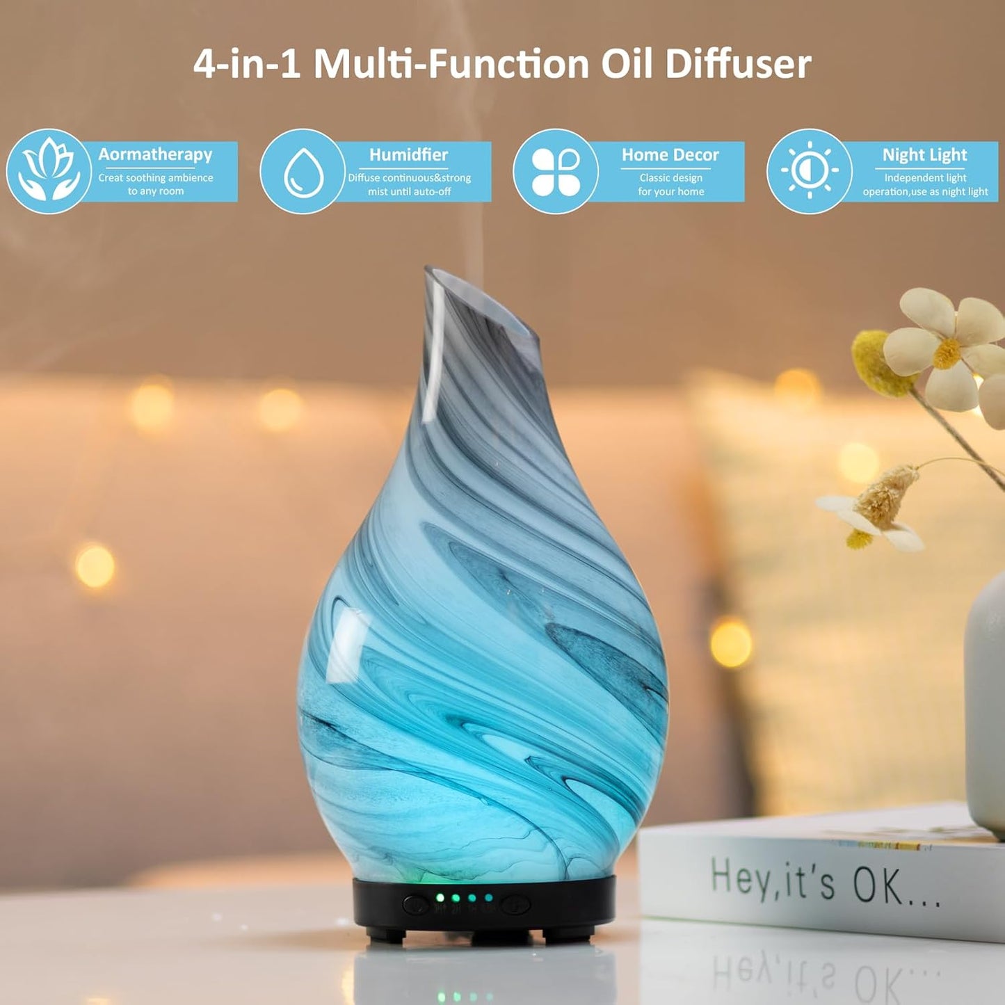 Essential Oil Diffuser 120ML Aroma Ultrasonic Humidifier Night Lights with Handmade Glass BPA Free Waterless Auto-Off Timer Setting for Home Yoga Office