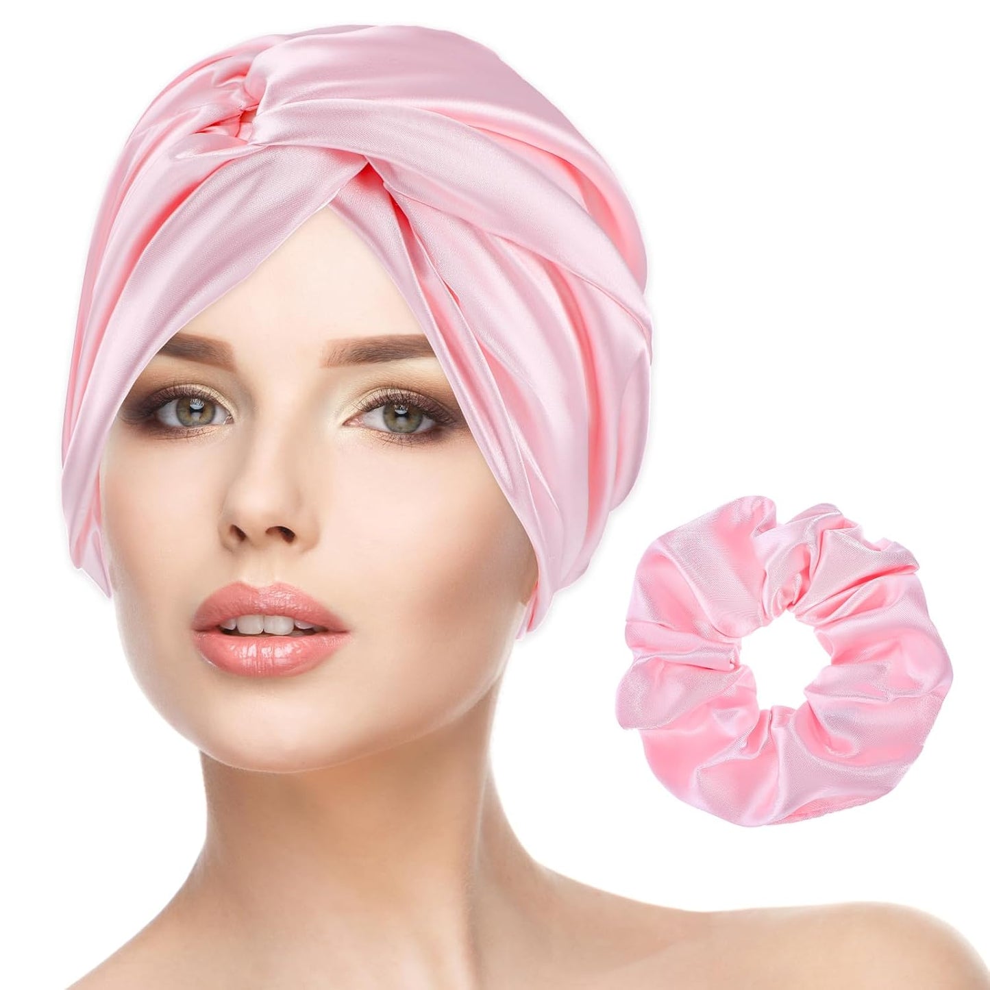 2 Pcs Satin Bonnet for Sleeping Adjustable Silk Hair Bonnet for Sleeping Silk Head Scarf Hair Wrap Turbans for Women Double Layer Soft Sleep Cap with Silk Scrunchies for Braid Curly Straight (Pink)