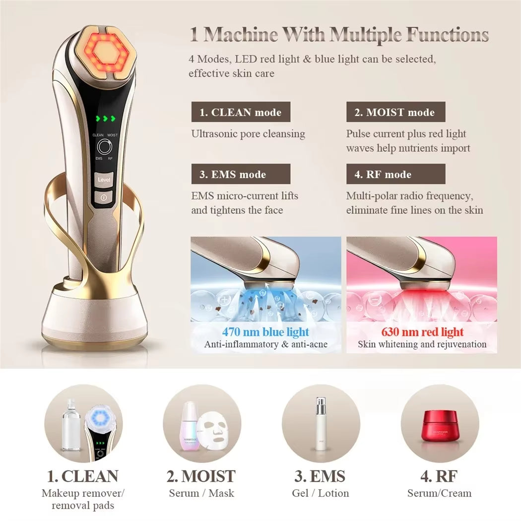 HIFU Face Skin Care EMS Facial Lifting Massager LED Photon Wrinkle Remover Hot Compress 1200Hz Vibration Anti-Aging Device