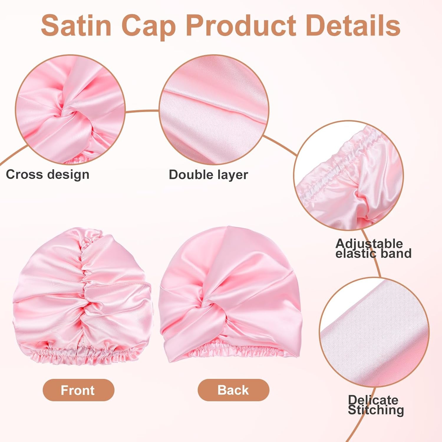 2 Pcs Satin Bonnet for Sleeping Adjustable Silk Hair Bonnet for Sleeping Silk Head Scarf Hair Wrap Turbans for Women Double Layer Soft Sleep Cap with Silk Scrunchies for Braid Curly Straight (Pink)